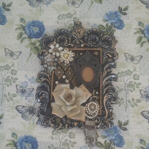 Ornate Mixed Media Wall Art in Black and Antique Silver Frame
